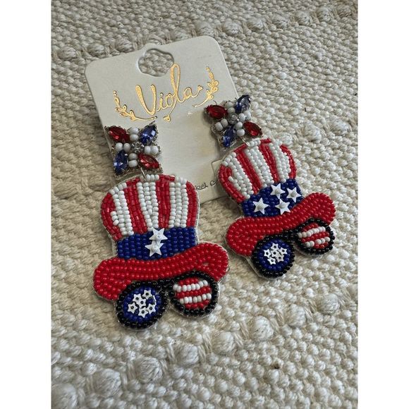 PATRIOTIC HAT AND GLASSES SEED BEAD EARRINGS - Picture 4 of 4